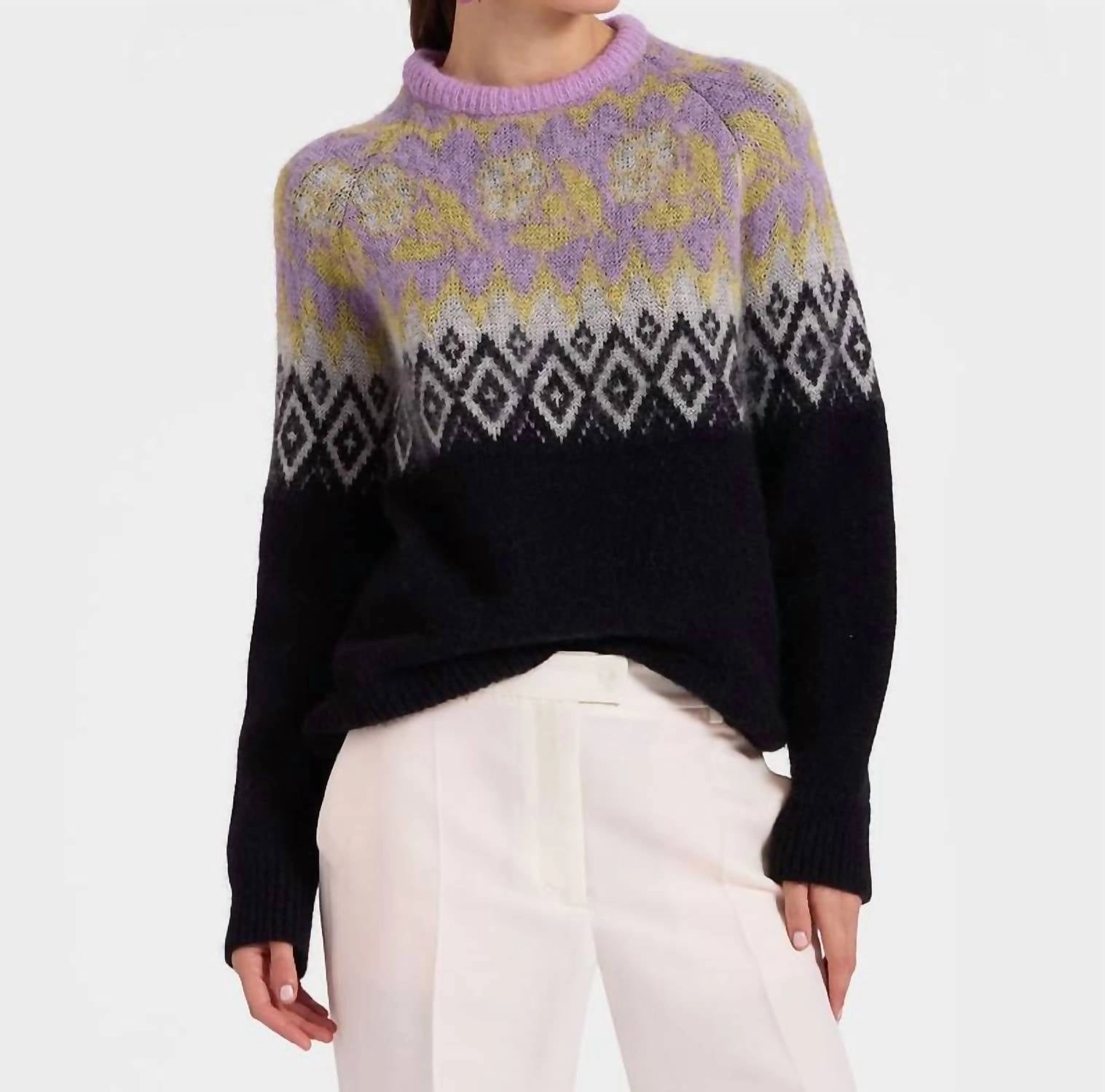 Snuggly Knit Wrinkle Resistant Knit Slope Fair Isle Sweater In Black