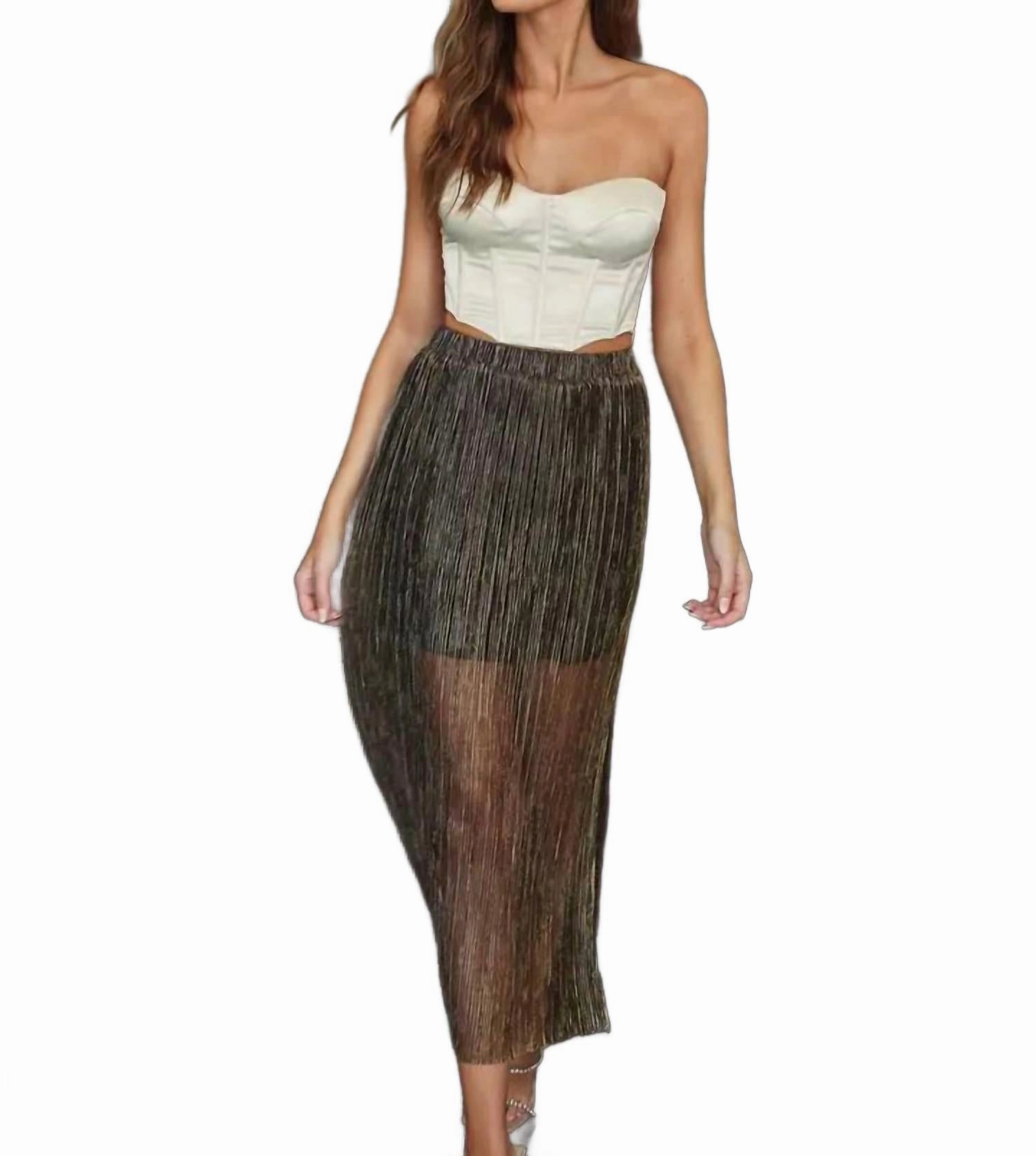 lace accents Cozy Outfit Metallic Pleated Side Slit Maxi Skirt In Bistro Gold