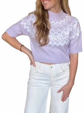 Cable Stitch Juliana Short Sleeve Mock Neck Sweater In Lilac And White