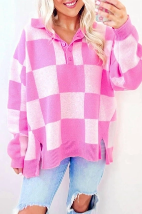 Checker Collared Drop Shoulder Sweater In Pink Adjustable drawstring