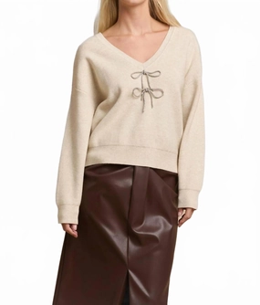 Rhinestone Bow Sweater In Cream Moisture Wicking Knit