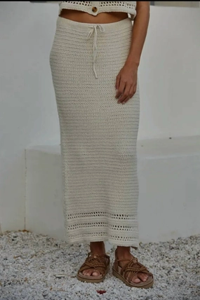 Pull On Style Adjustable drawstring Knit Sweater Crochet Skirt In Beige