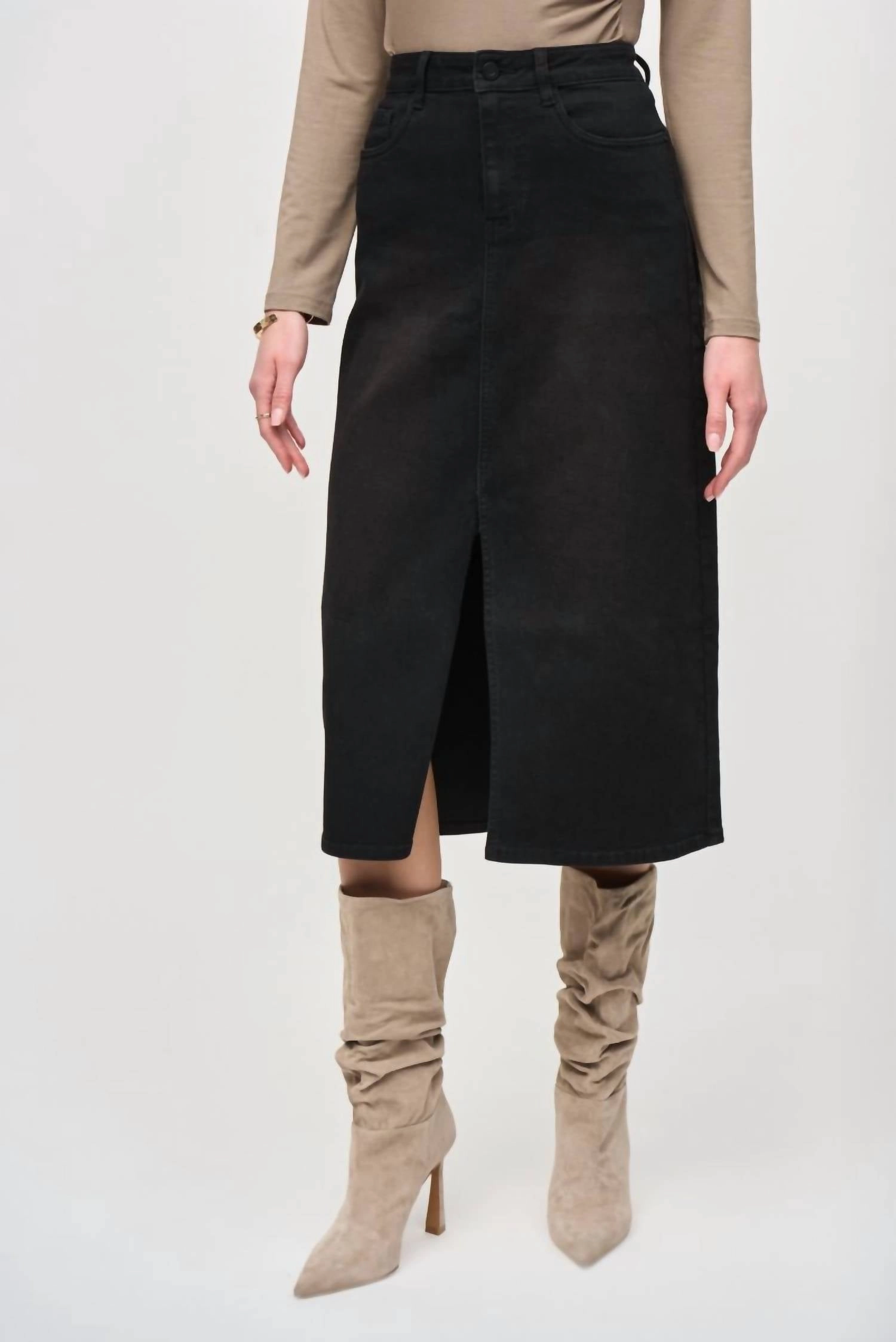 Visual Outfit Front Slit Midi Jean Skirt In Black Denim