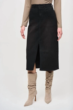 Visual Outfit Front Slit Midi Jean Skirt In Black Denim