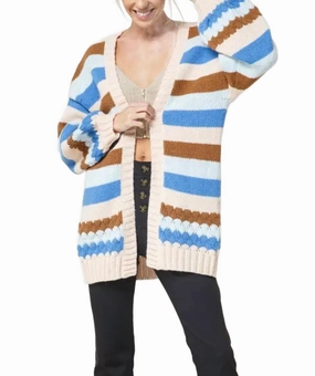 Cozy Look Ultimate Knitwear Multicolor Striped Open-Front Cardigan In Blue/cream/brown/light Blue