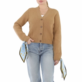 Burberry Ladies Scarf Tie Detail Wool Cardigan In Camel casual knitwear Comfy Layering