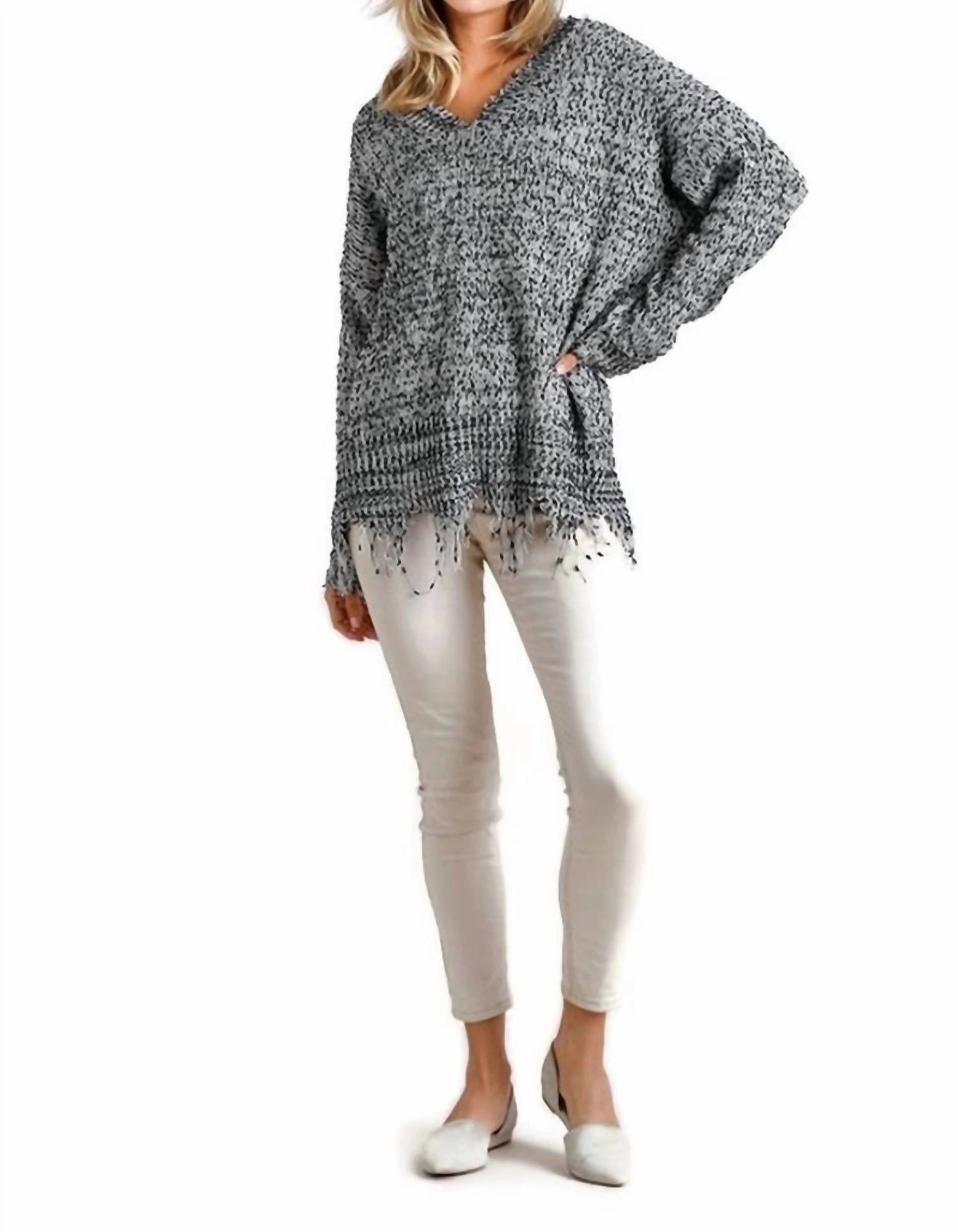 Frayed Knit Pullover Sweater In Oreo Cozy Wear