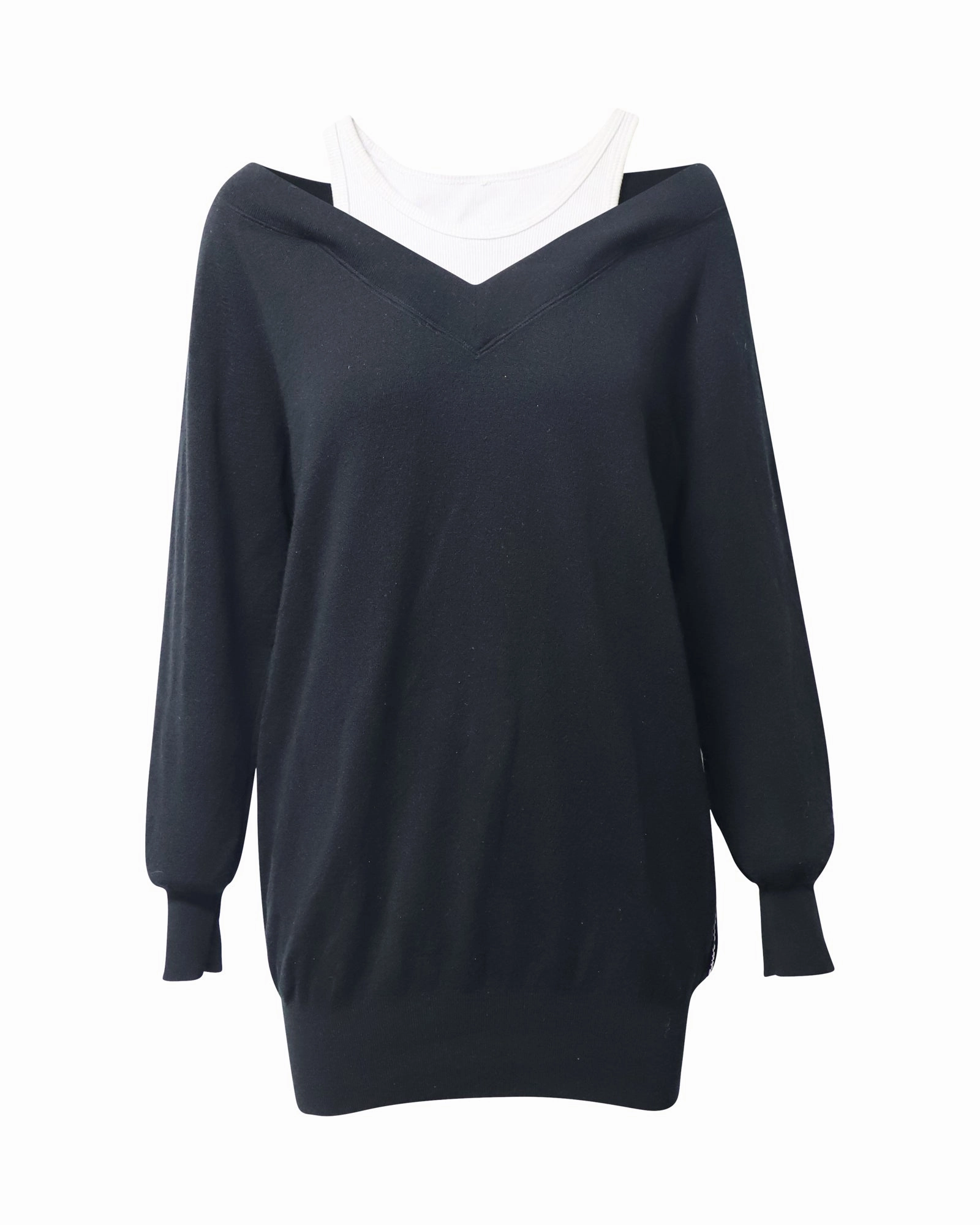 Stylish Knitwear Tagless Neck Finish Alexander Wang Layered Sweater Dress in Black Merino Wool