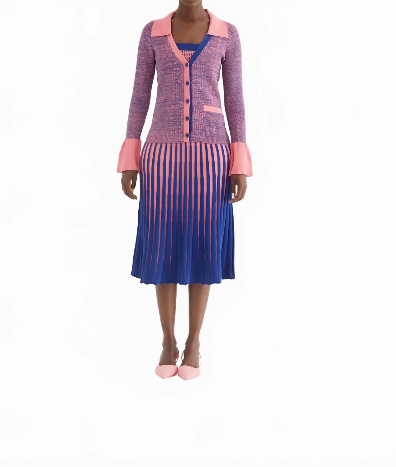 Thermal Insulation Fargo Bell Sleeve Cardigan In Heather Pink