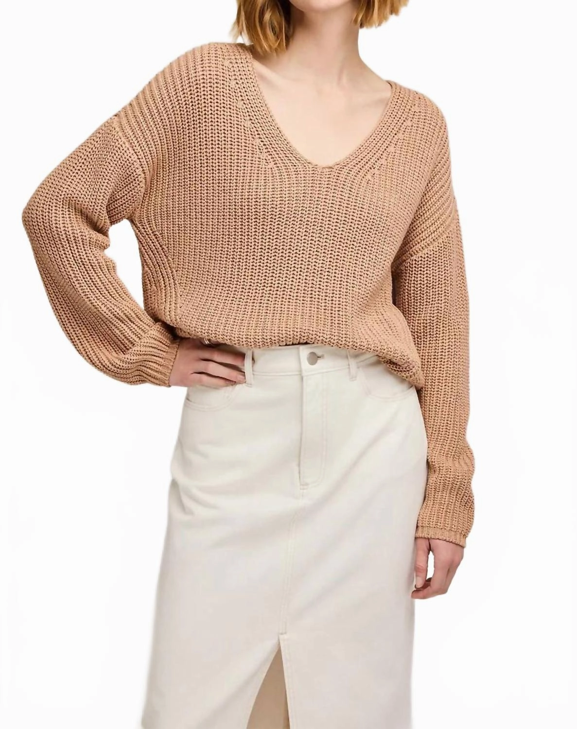 Warm And Comfortable Low Maintenance Fabric Spencer V-Neck Knit Sweater In Tan