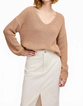 Warm And Comfortable Low Maintenance Fabric Spencer V-Neck Knit Sweater In Tan