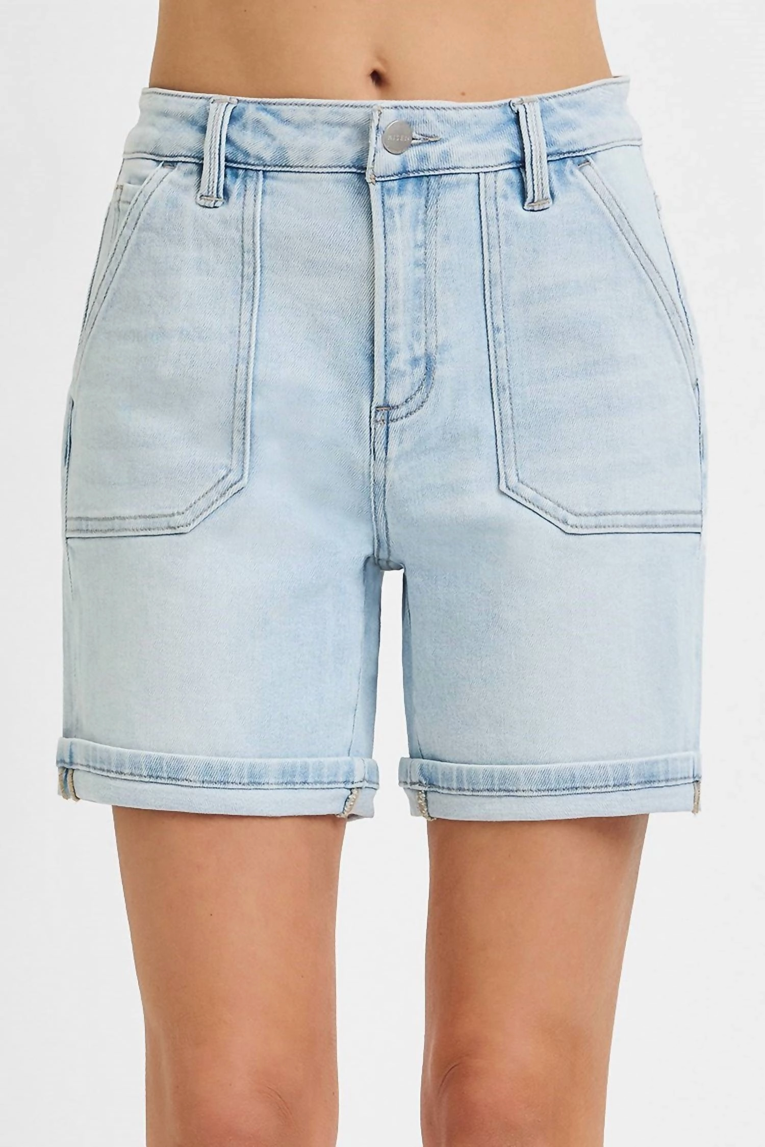 Light Curvy High Rise Patch Pocket Cuffed Relaxed Shorts In Blue Biodegradable Material Option