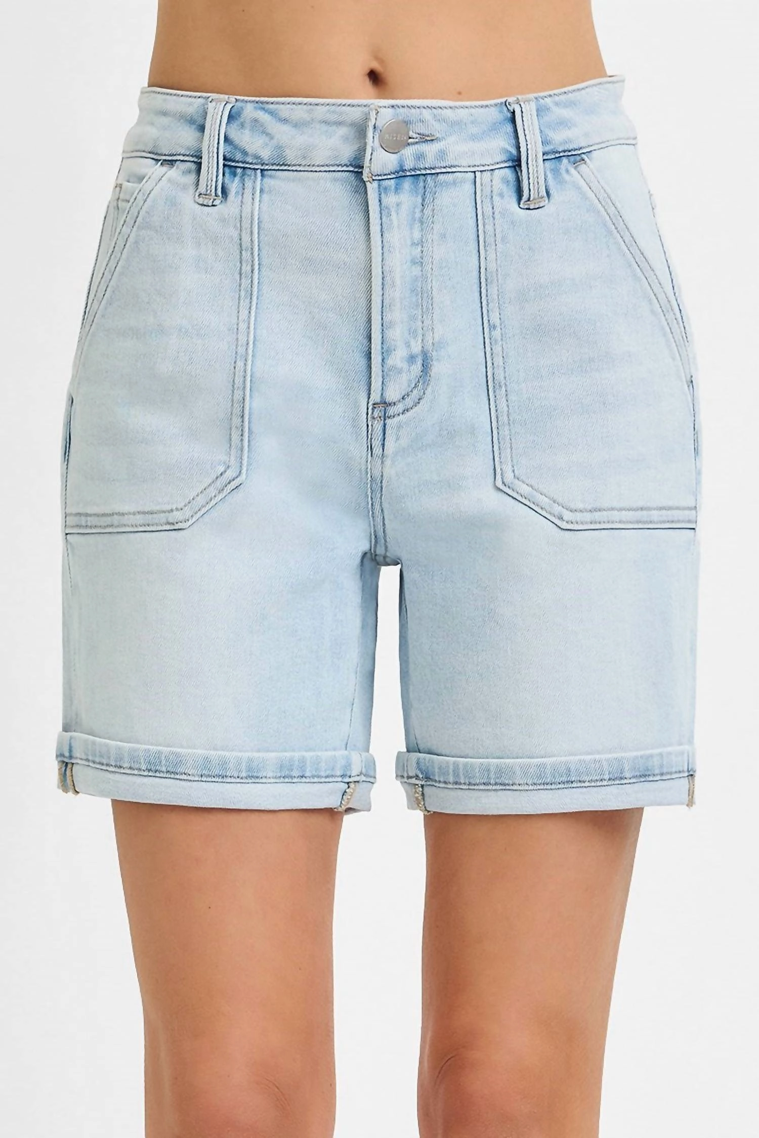Light Curvy High Rise Patch Pocket Cuffed Relaxed Shorts In Blue Odor Resistant Treatment