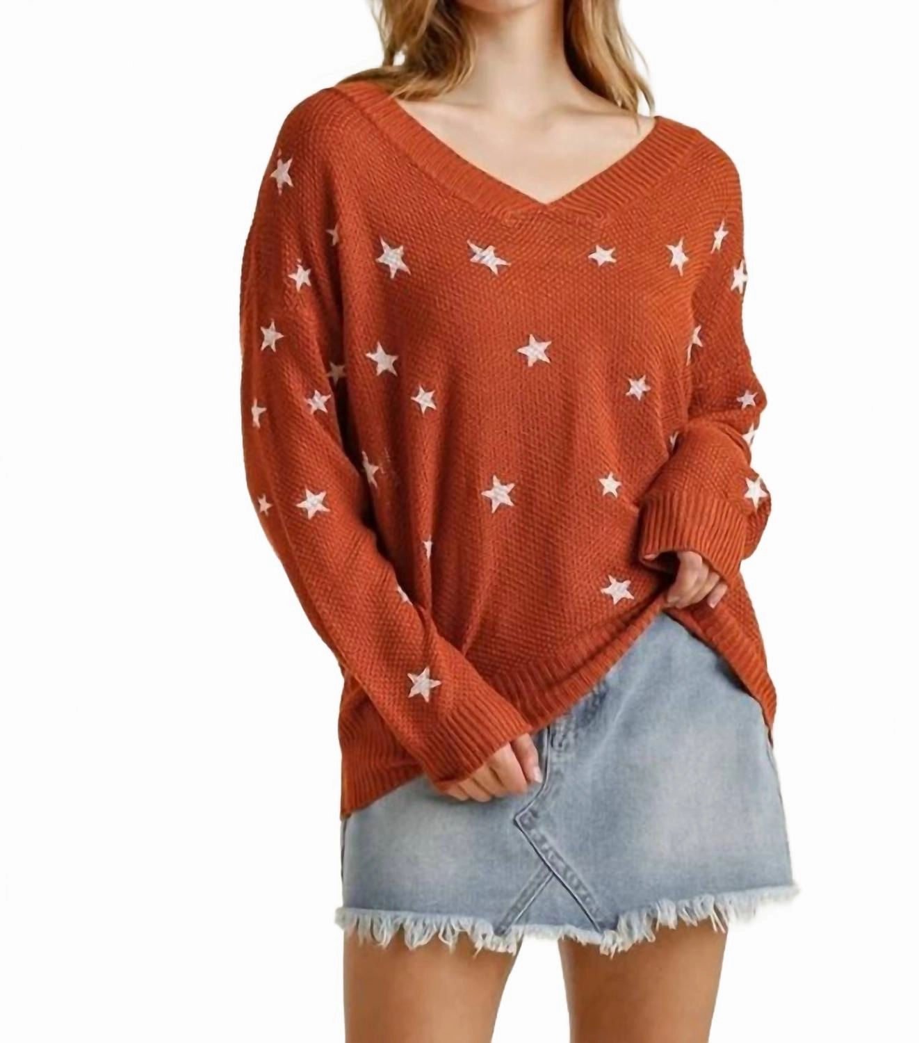 Seasonal Layers Warm Knitwear Star Print V-Neck Sweater In Sunset