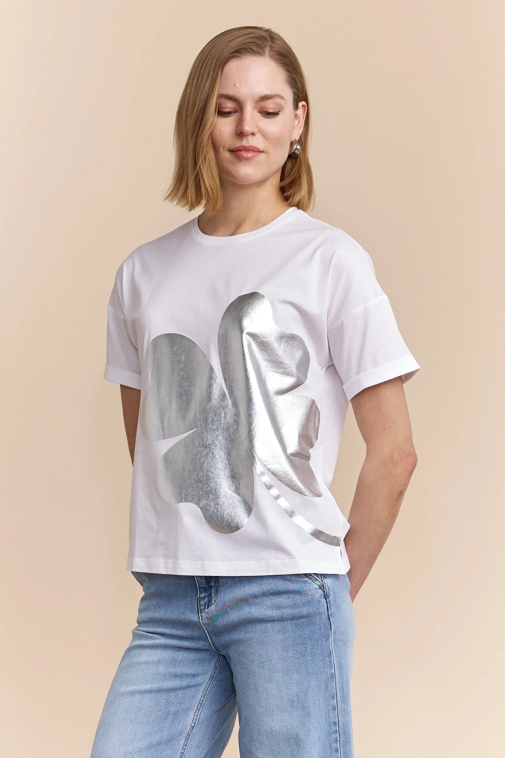 Silver print boyfriend fit t-shirt Durable Color Retention polo neck