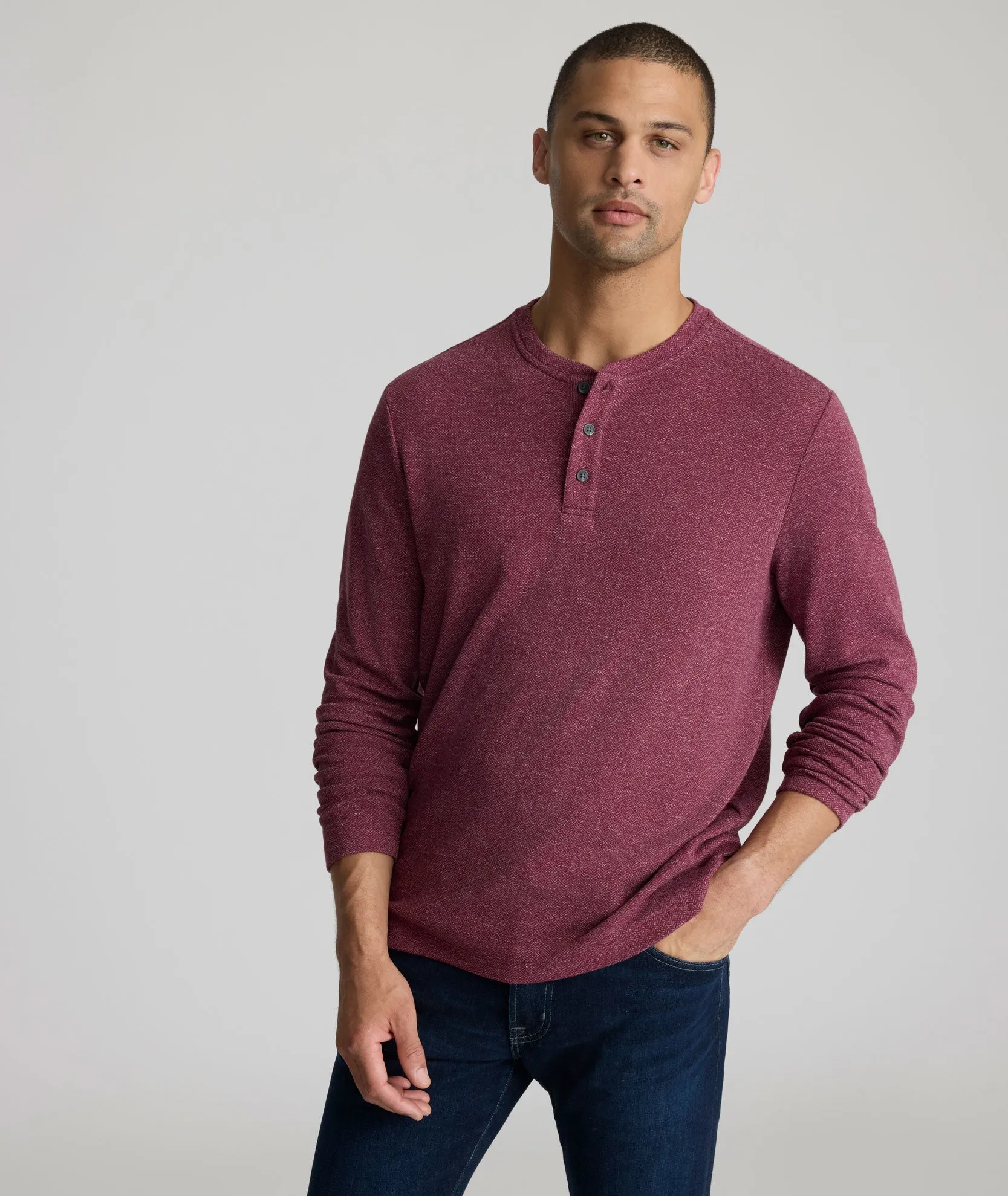 Stretch Cotton Herringbone Henley City Outfit GentleWashResistance