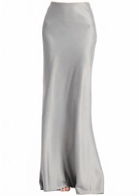 Non Irritating Seams Simple Fit Stretch Satin Bias Long A-Line Skirt In Silver