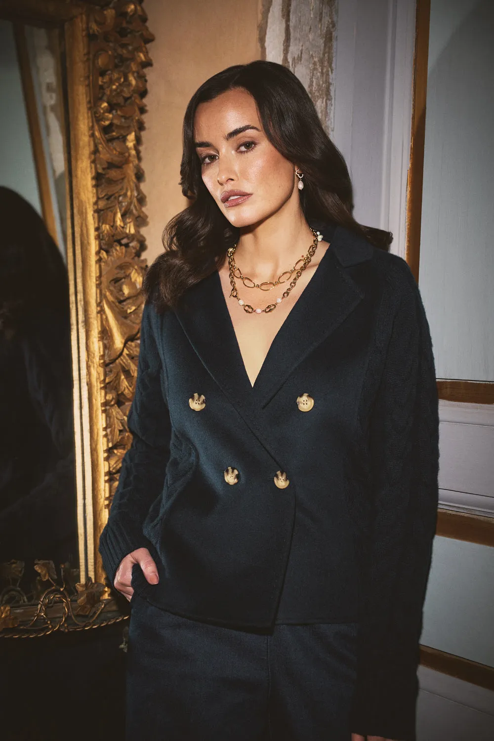 Faux Fur Collar Cable Mix Jacket - Ink