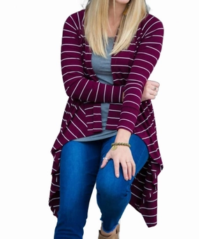 Effortless Knit Stripe Ribbed Cascade Cardigan In Maroon & White
