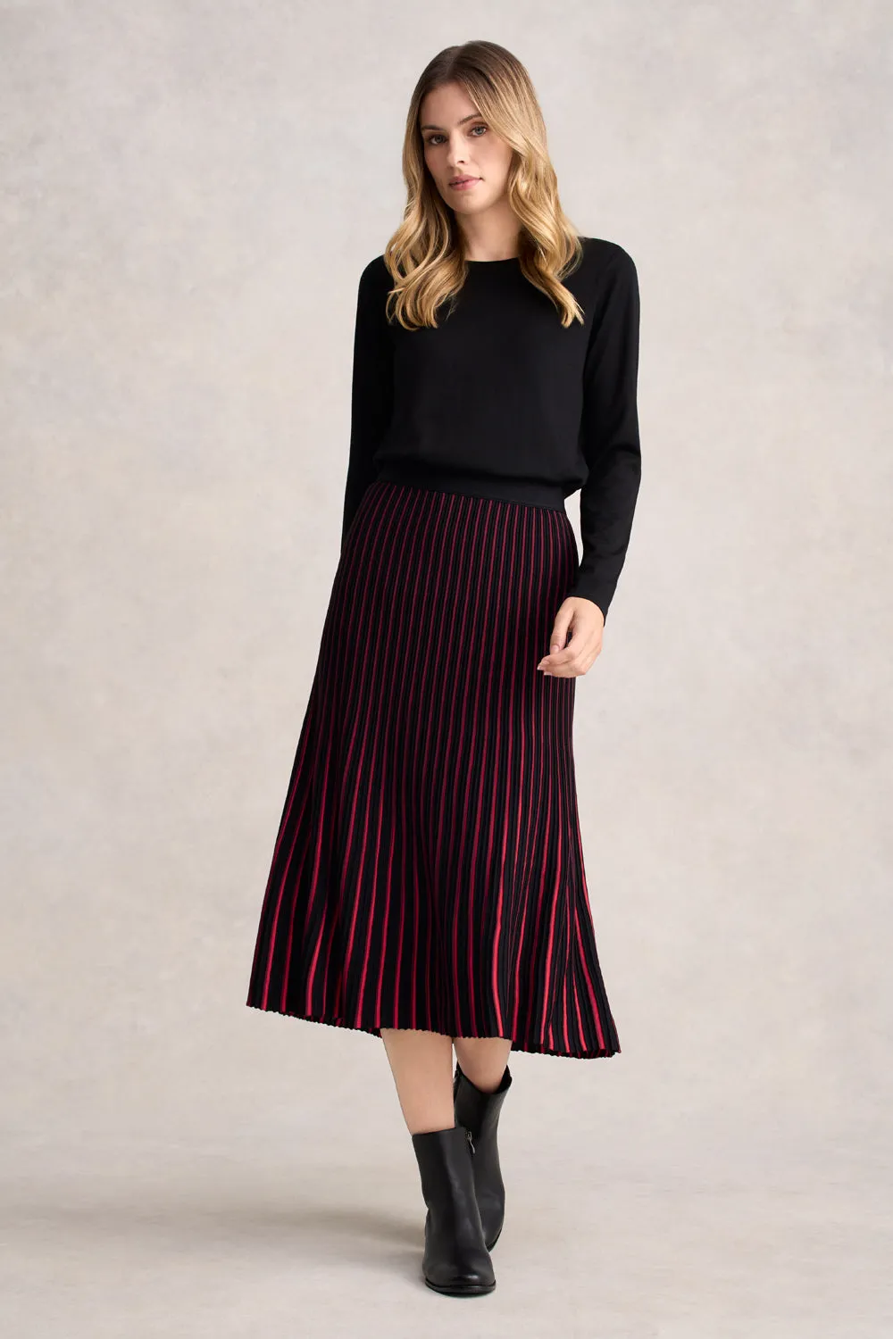 Mix Texture Tea length Striped Knit Skirt - Multi Stripe