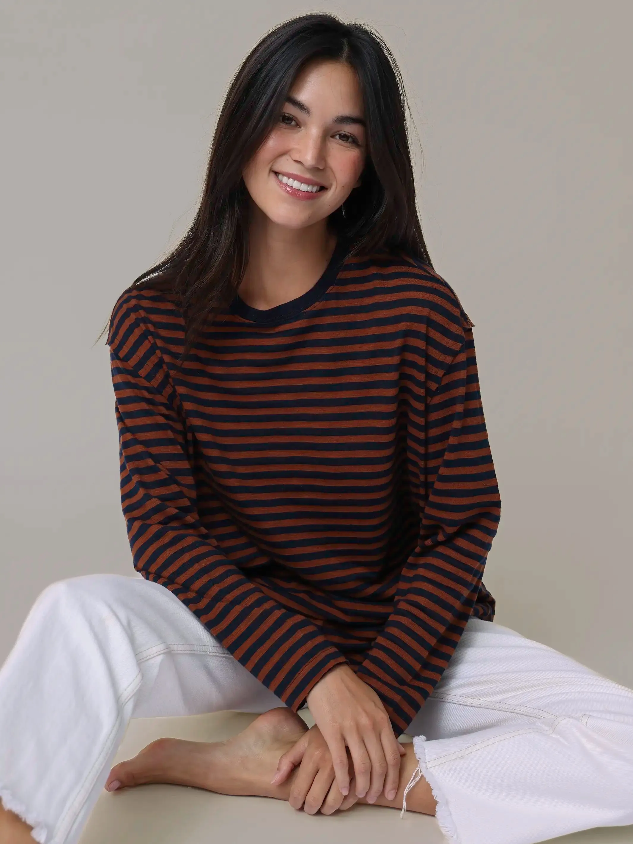 Fit For Comfort Sporty Appeal Striped Long Sleeve Take It In Cotton Tee - Autumn Night