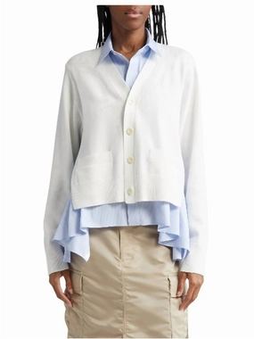 Striped Cotton Poplin Poplin & Knit Cardigan In Off White/lt Blue Stripe Warm and Snuggly