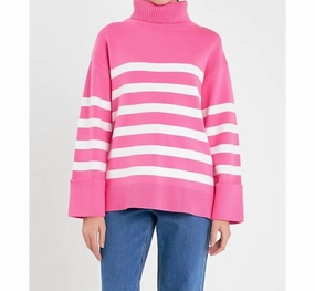 Chilly Day Knit Striped Turtleneck Sweater In Pink