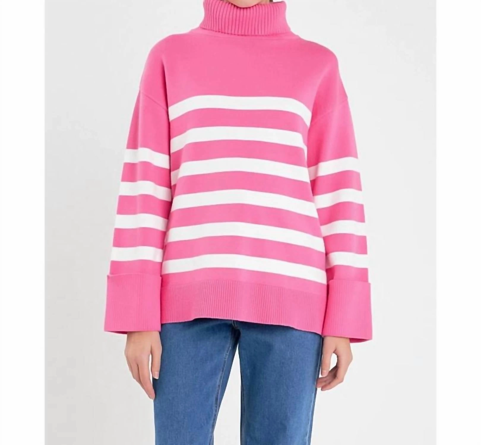 Striped Turtleneck Sweater In Pink Comfy Layered Wear Fashionable knitwear