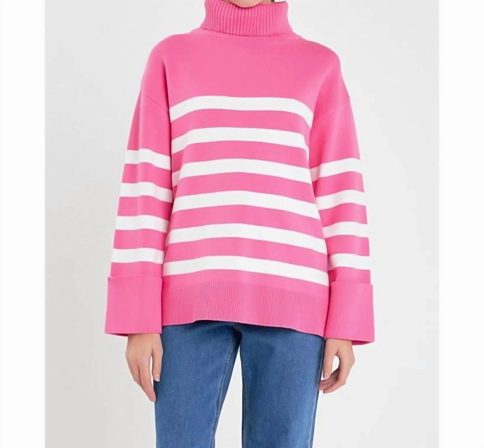 Striped Turtleneck Sweater In Pink Cozy Warmth