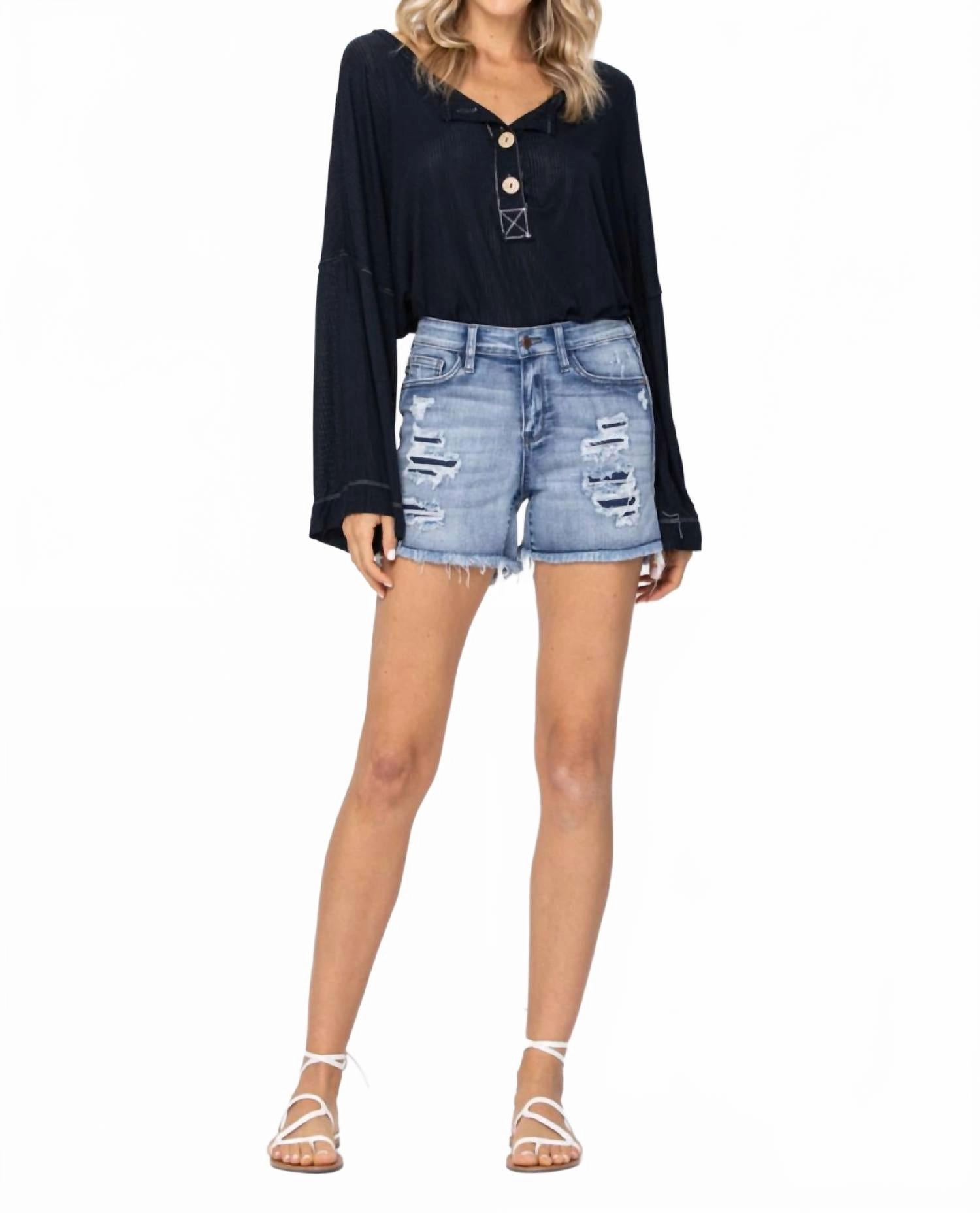 Temperature Regulating Tech Patch   Wash-Out Jean Shorts In Blue