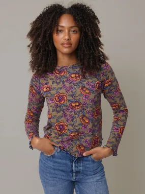 Easy Wear Spring Freshness Lily Cotton Long Sleeve Tee Shirt - Woodcut Floral Bronze