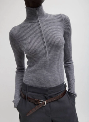 Relaxed Fit Feather Weight Ribbed Tneck Zip Up Sweater In Grey