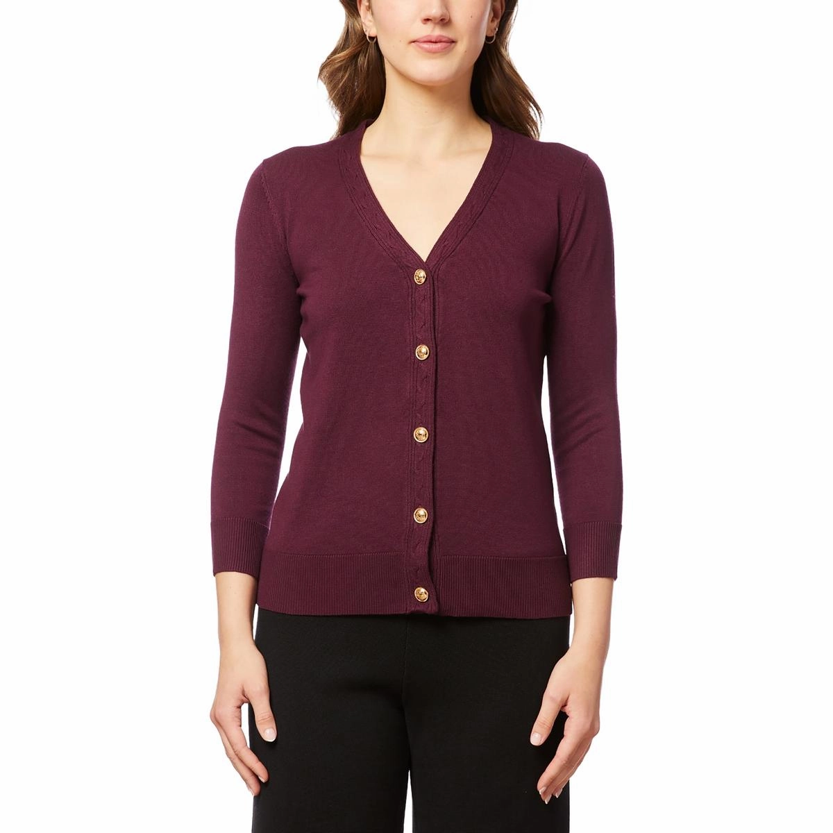 Womens Ribbed Trim  Knit Cardigan Sweater Comfort Choice