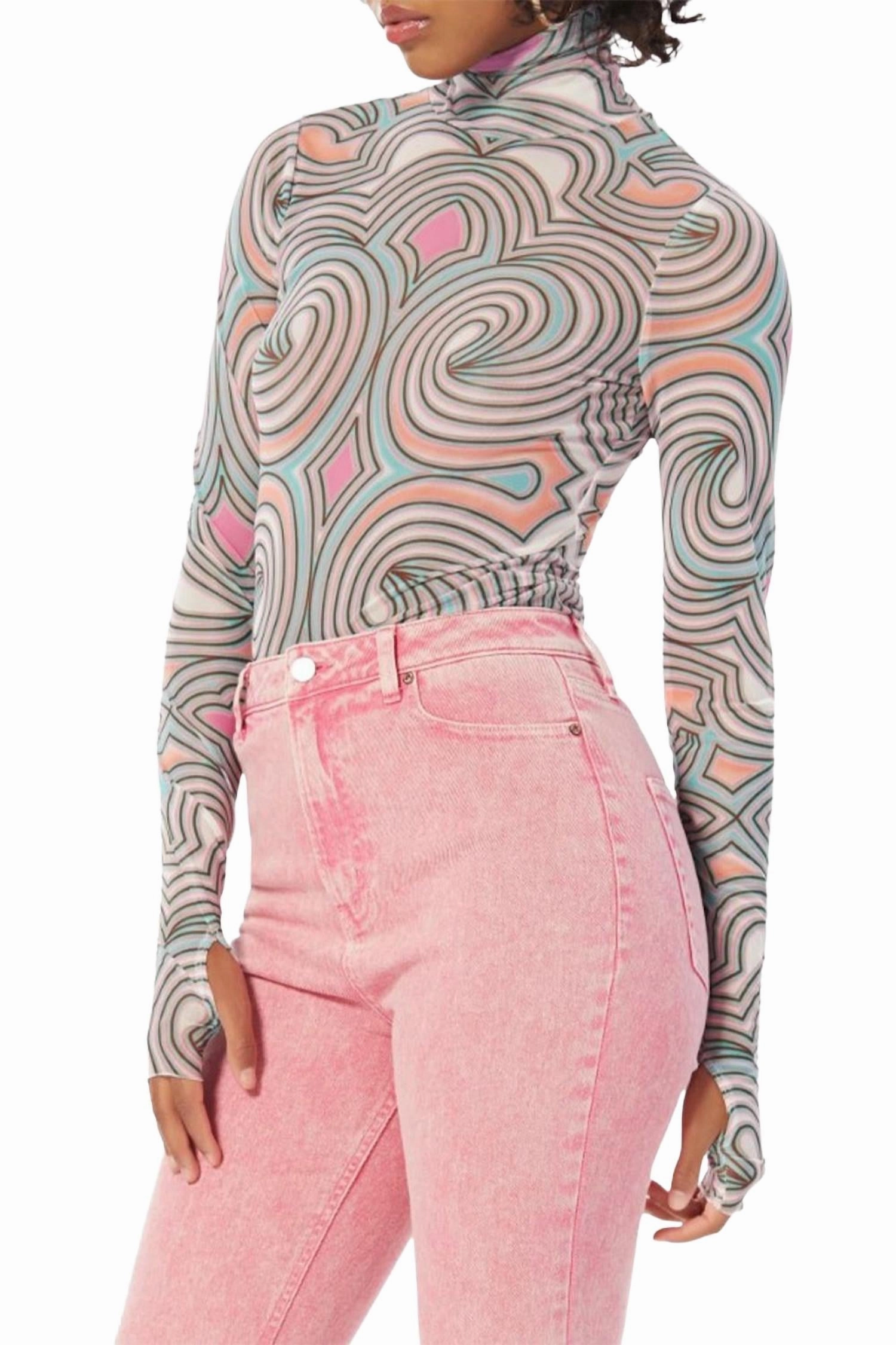 Zadie Power Mesh Turtleneck Top In Pastel Geo Versatile Piece Cozy Knit Style