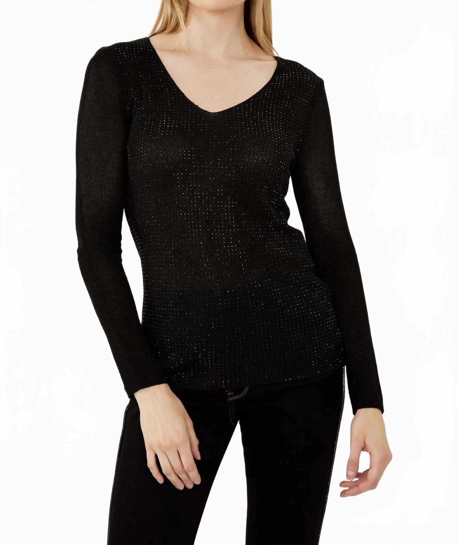 Bejweled V-Neck Knit Top In Black Casual Fit Fashion Statement