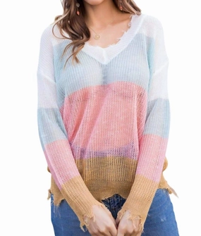 Cozy Warm Layer Trendy Knitwear Frayed Light Weight Sweater In Multi