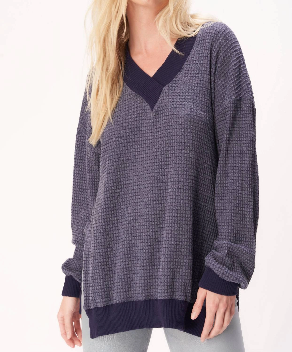 Brb Cozy Thermal V-Neck Longsleeve Top In Galaxy Blue Abrasion Resistant Seams