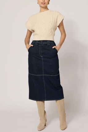 Cool Tone Sue Midi Skirt In Dark Denim