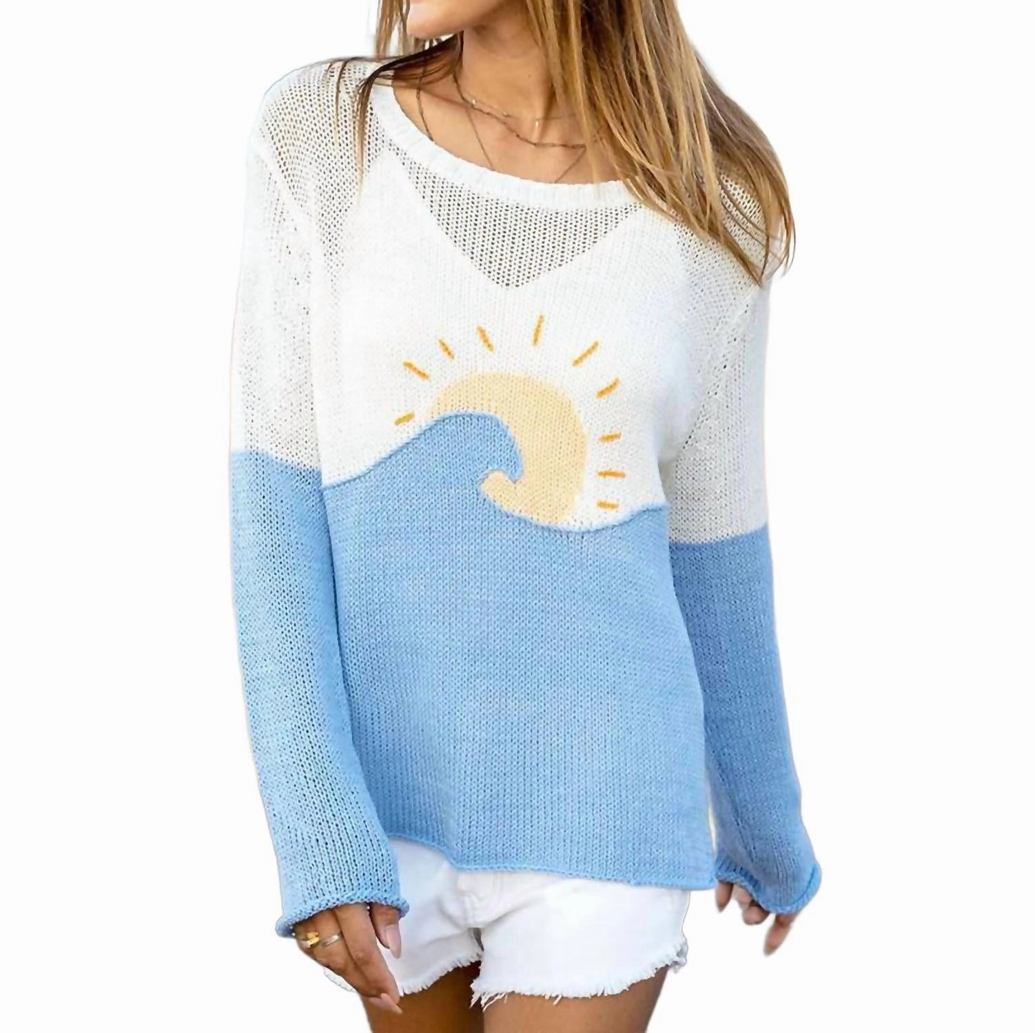 Sunrise Crewneck Sweater In Sky Blue Biodegradable Fiber Options Flexible Drop Shoulder