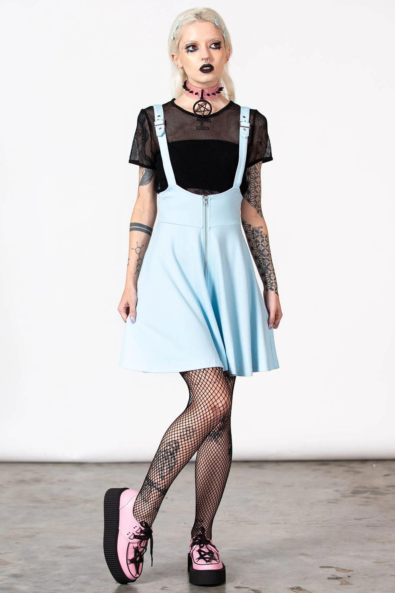 Vegan Material Bold Edge Suspend Me Statement Skirt [PASTEL BLUE]