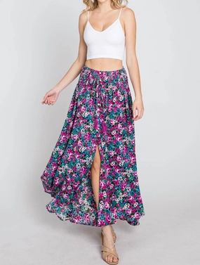 Floral Maxi Skirt With Smocked Waist & Button Front In Fuchsia Daily Fashion Soft Vibe
