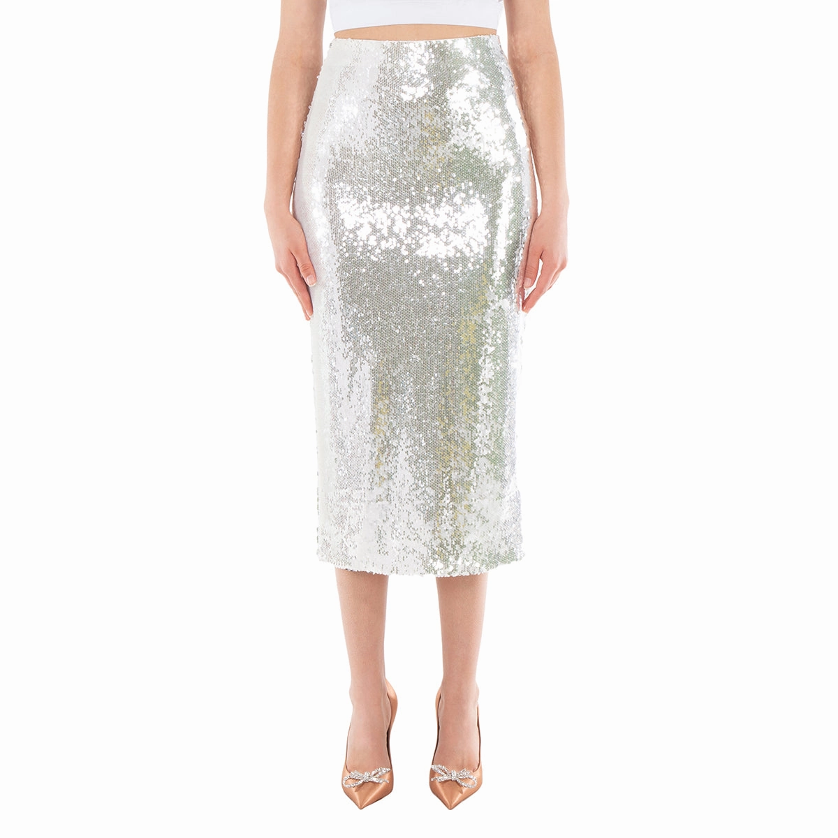 Runway Inspired Rotate Ladies Bright White Sequined Midi Pencil Skirt
