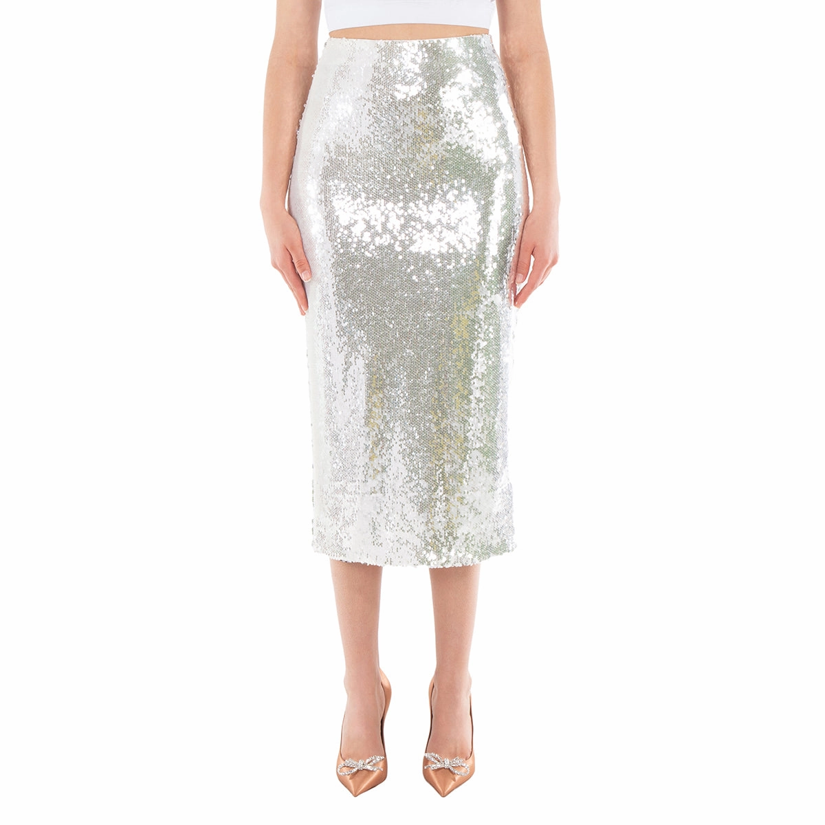 Rotate Ladies Bright White Sequined Midi Pencil Skirt Neutral palette Balanced Outfit