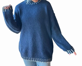 Sweater With White Contrast Stitching In Navy Subtle Texture Detail Functional Layer