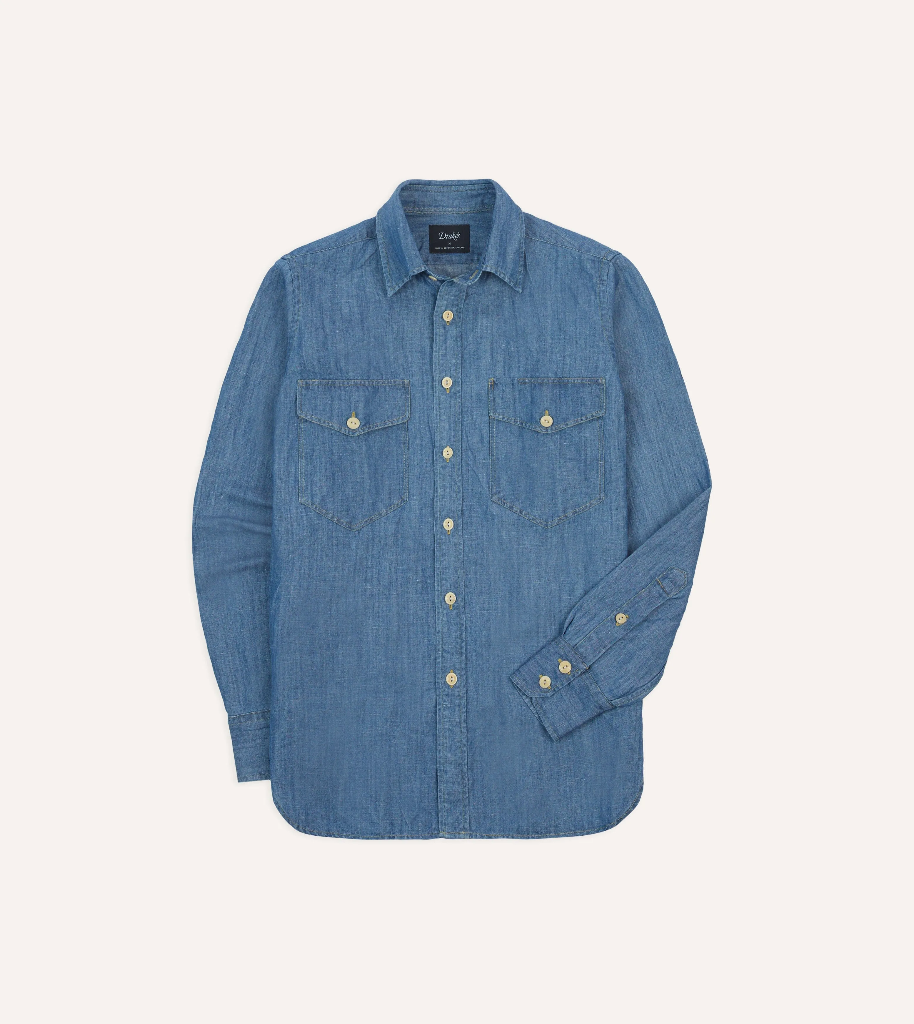 Tagless Labeling Stone Wash Cotton-Linen Long Point Collar Work Shirt