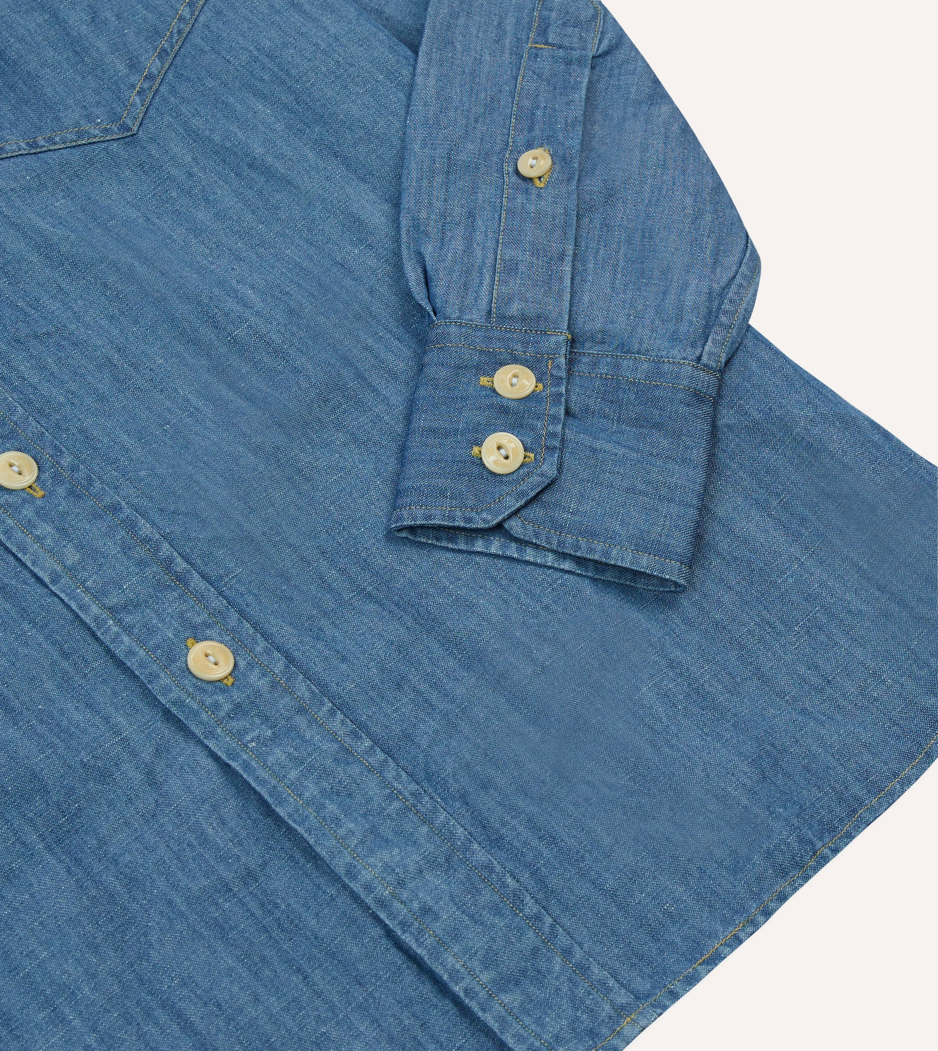 Stone Wash Cotton-Linen Long Point Collar Work Shirt Embroidered Detail Anti Static Finish