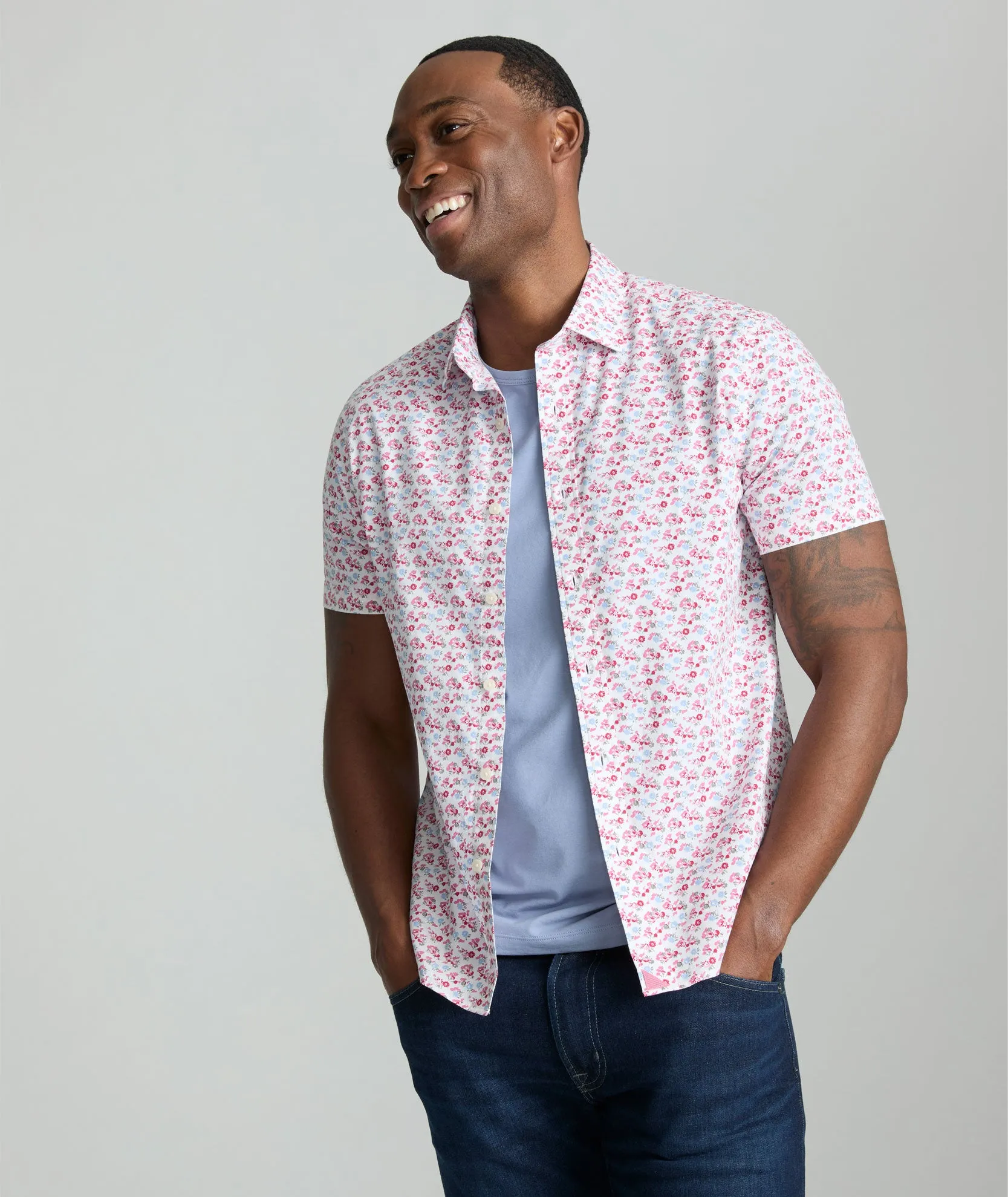 Stretch Cotton Short-Sleeve Sanchez Shirt Smooth Zipper Design Geometric Pattern