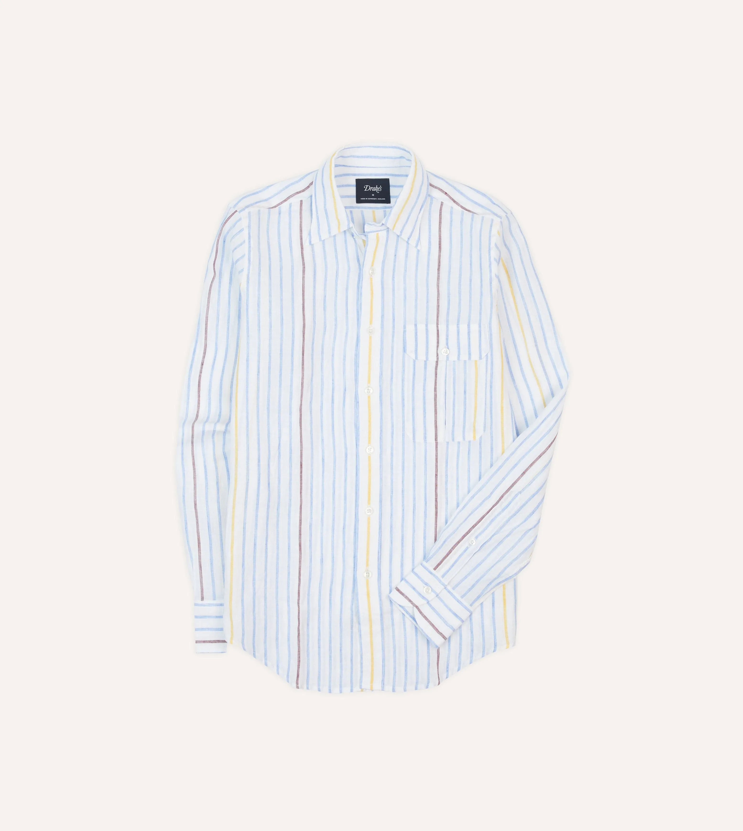 Lightweight Construction Festival Fashion Blue, White and Yellow Stripe Linen Long Point Collar Shirt