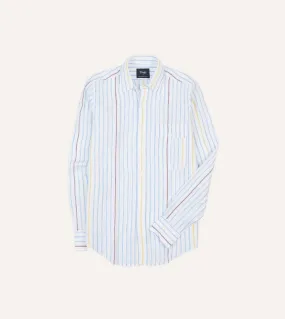 Lightweight Construction Festival Fashion Blue, White and Yellow Stripe Linen Long Point Collar Shirt