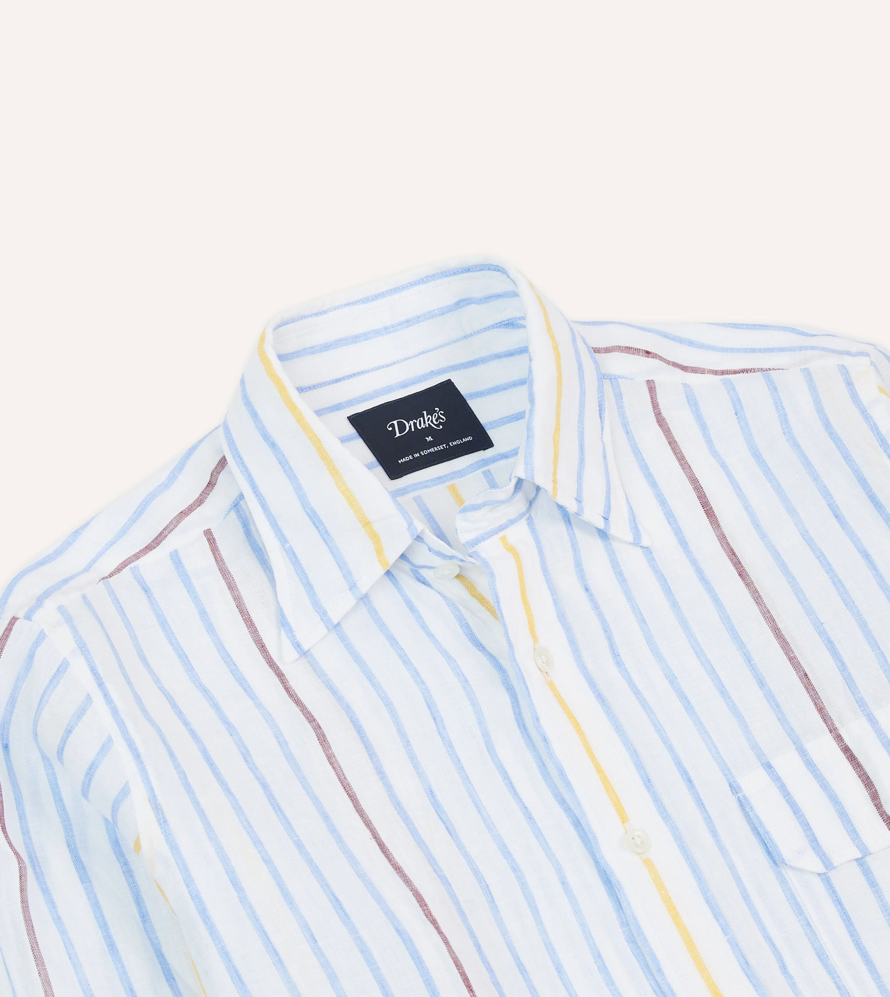Blue, White and Yellow Stripe Linen Long Point Collar Shirt Premium Quality